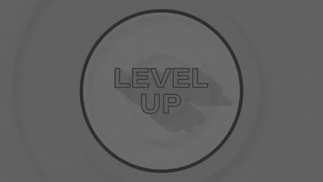 Animation-of-level-up-text-in-black-circle-outline-over-circles-in-grey-background