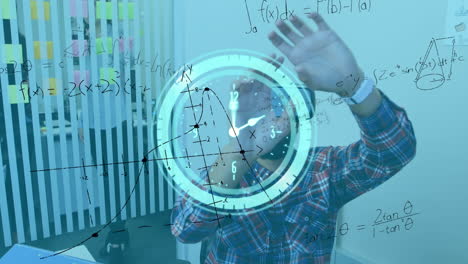 Animation of clock and mathematical formulas over businessman using vr headset
