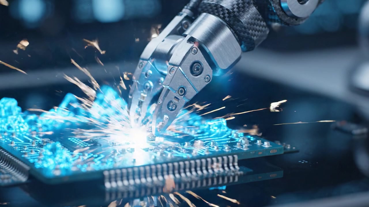 Tampilan Dekat Papan Sirkuit Berteknologi Tinggi dengan Komponen Bercahaya dan Lengan Robotik Melakukan Tugas Presisi dalam Pengaturan Manufaktur Modern