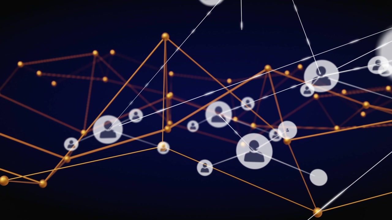Panning causing user icons emerging and moving on white trails across gold mesh, showing data links
