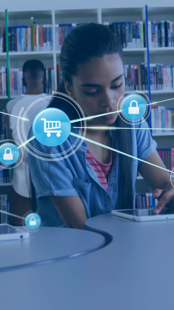 Vertical video: Teen girl tapping tablet in library, sparking shop locks and growing nodes to buy