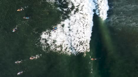 Top-down-aerial-of-surfers-trying-to-catch-white-wash-waves-in-Sayulita,-Mexico