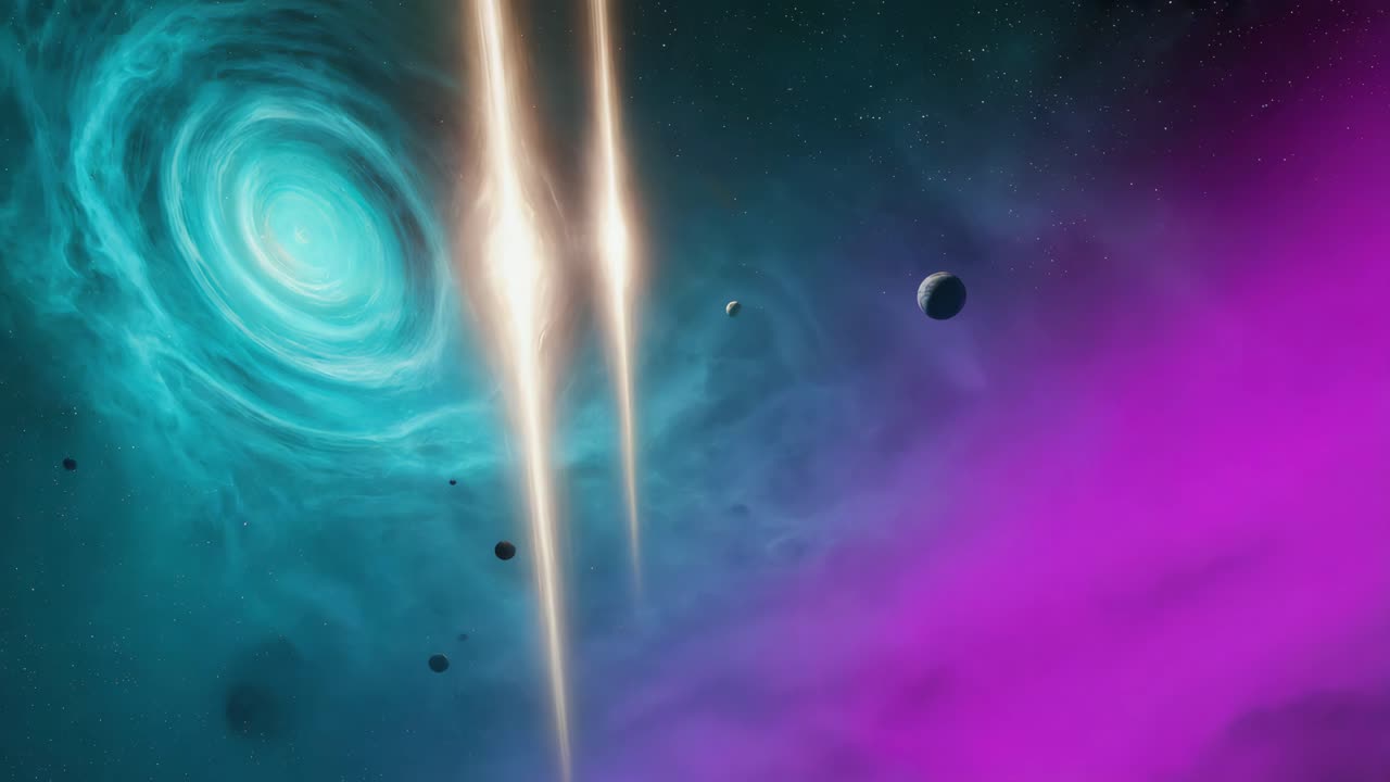 Vibrant Cosmic Nebula with Light Beams and Planets