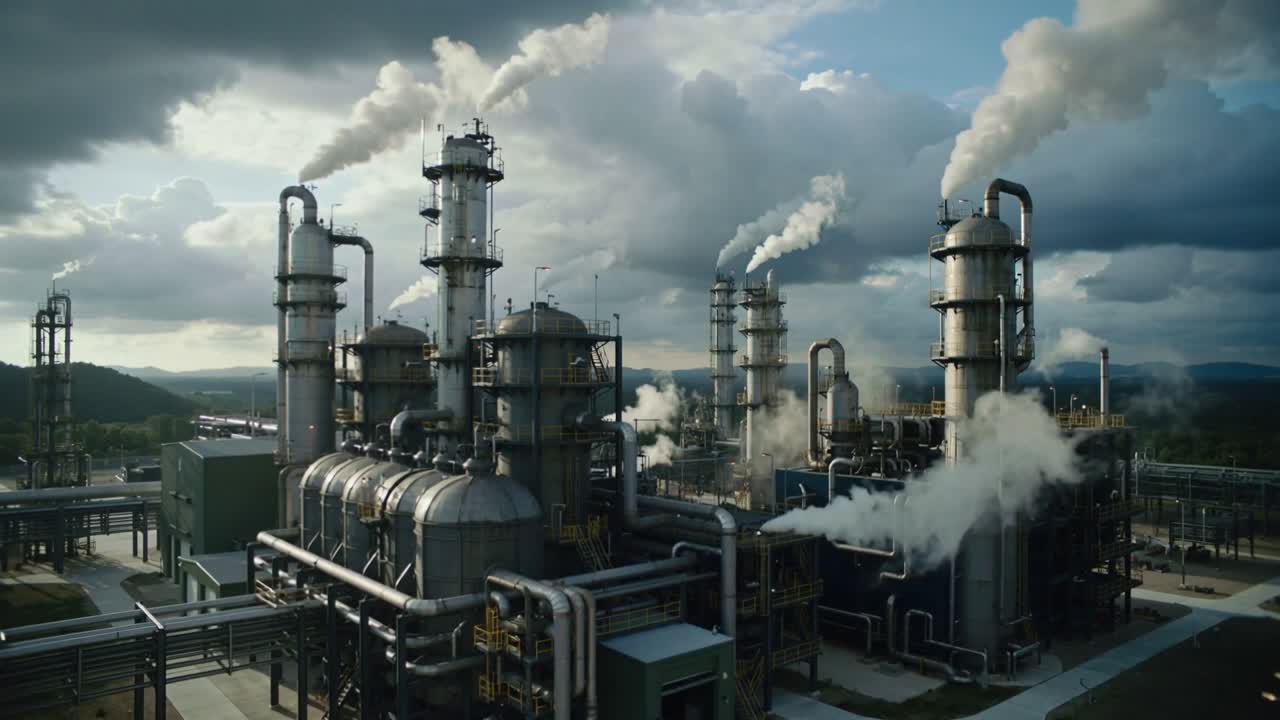 Panning aerial camera showing refinery emitting plumes in valley, revealing towers pipes