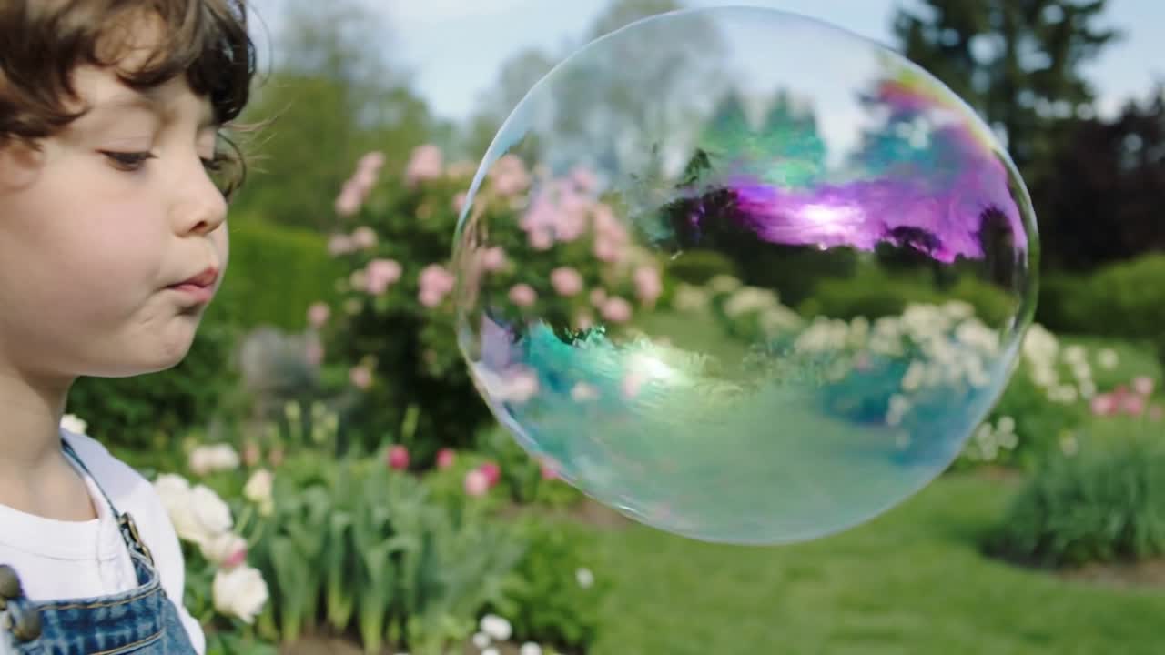 Bambino con salopette e maglietta bianca che soffia e rilascia bolle di sapone per divertimento in giardino, con spazio per il testo.