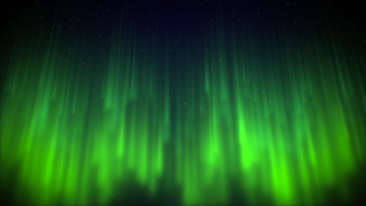 Bright green northern lights illuminating the dark sky with vertical light beams