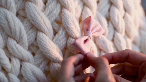 close-up of hands decorating a chunky knitted item with a pink bow