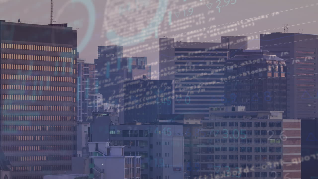 Animation of statistical data processing over aerial view of cityscape