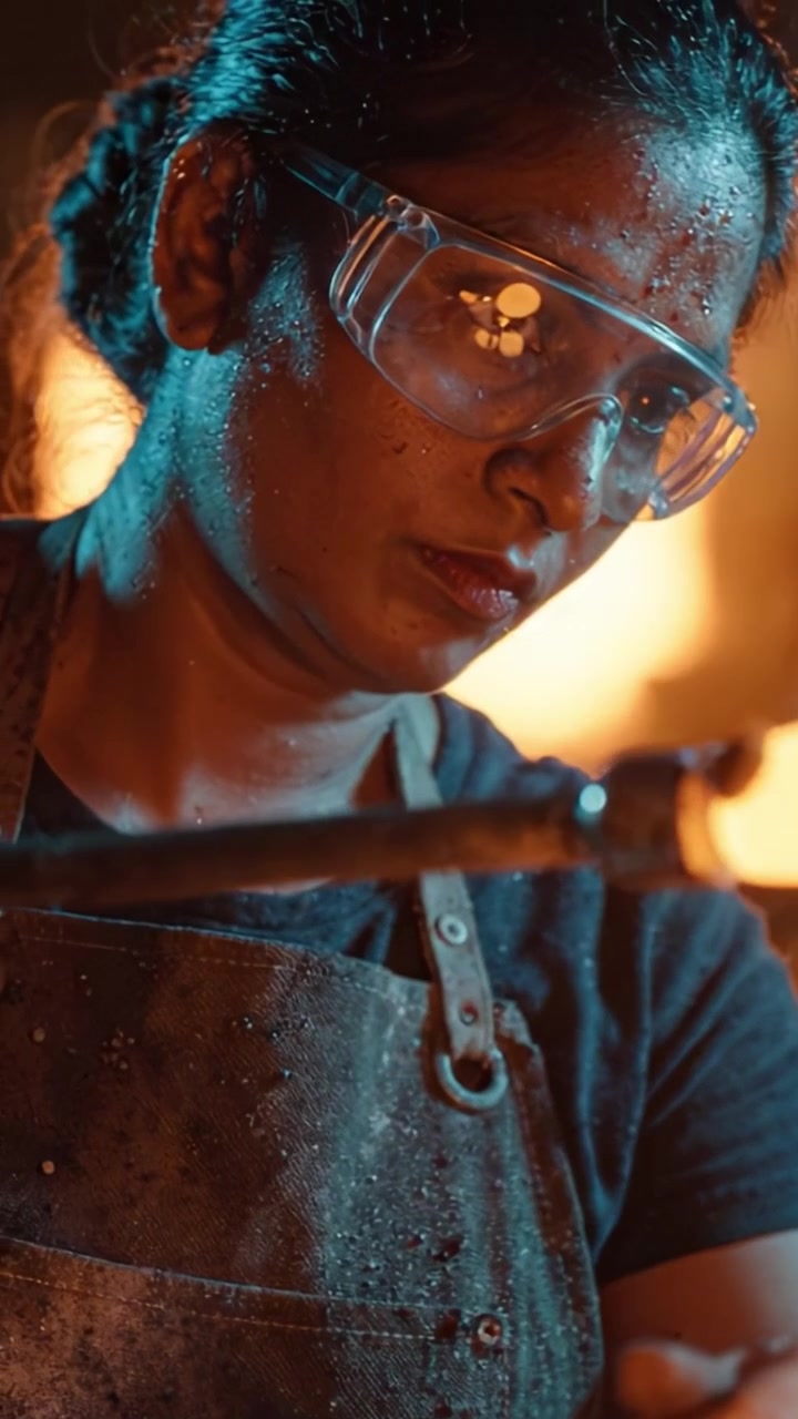 Intense Focus: A Skilled Artisan Perfecting Her Craft in a Fiery Workshop Setting with Protective Gear and Nighttime Glow