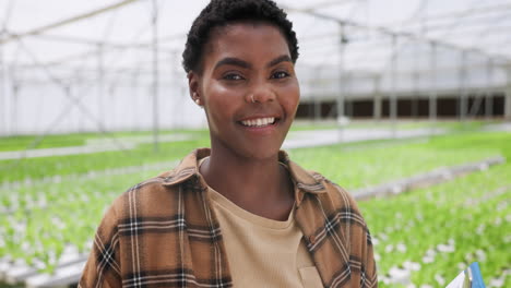 Woman,-portrait-and-hydroponic-farm-inspection