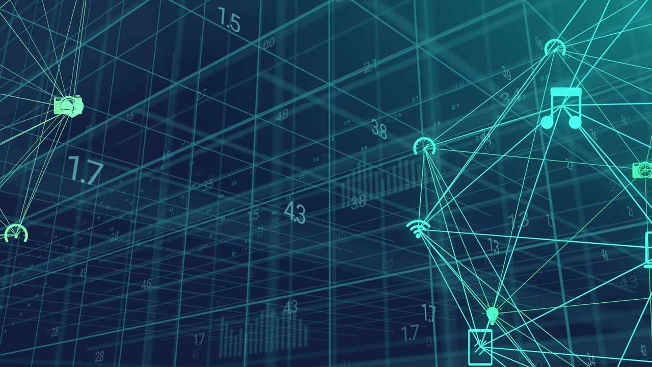 Teal grid receding, network forming on right, nodes pulsing and indicating live data flow