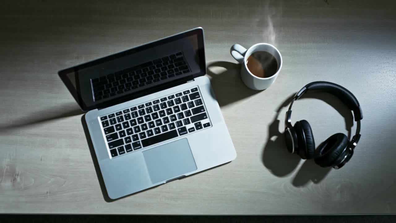 Vapore che sale da una tazza di caffè bollente sulla scrivania dell'ufficio, accanto a un laptop aperto e cuffie nere