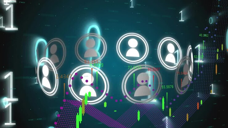 Animation of people icons, binary coding data processing over dark background