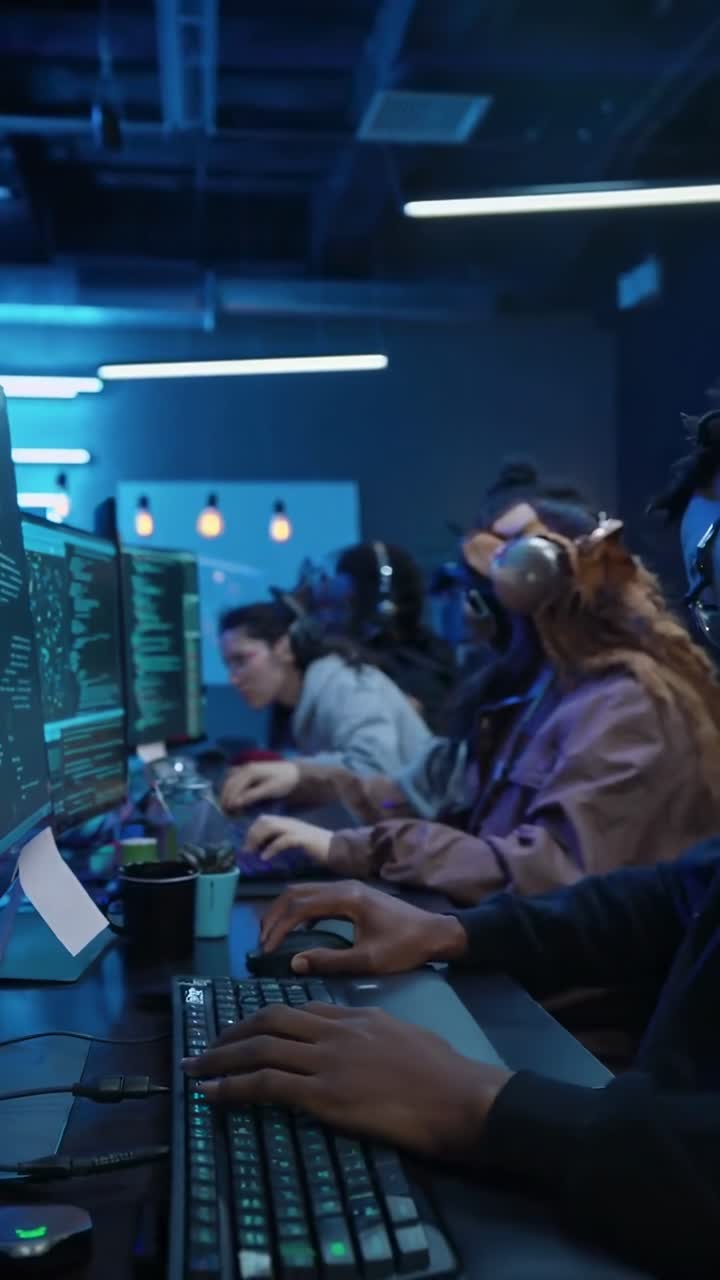 Low-angle video of focused programmers coding in a modern, neon-lit workspace