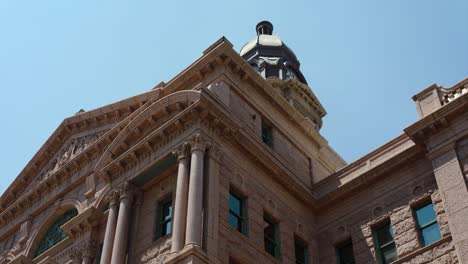 Low-angle-wide-shot-of-the-Tarrant-County-Courthouse-in-Fort-Worth,-Texas