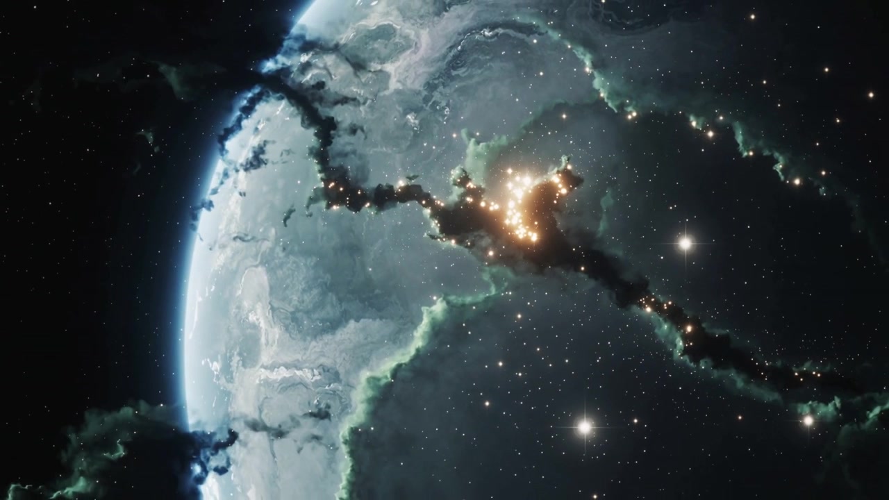 Panning camera reframing Earth-like planet at limb for reveal, with dark nebula and glowing cluster