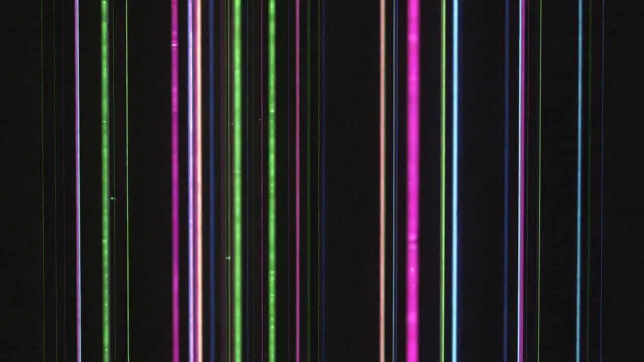 Starting frames showing vertical neon lines appearing left to right on black field, with pixel dots