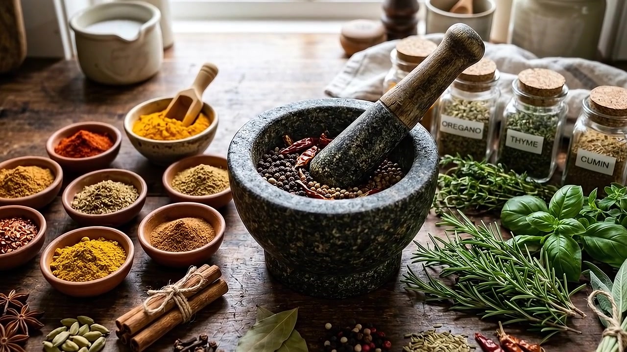 Mortaio e pestello in pietra con spezie assortite ed erbe fresche.