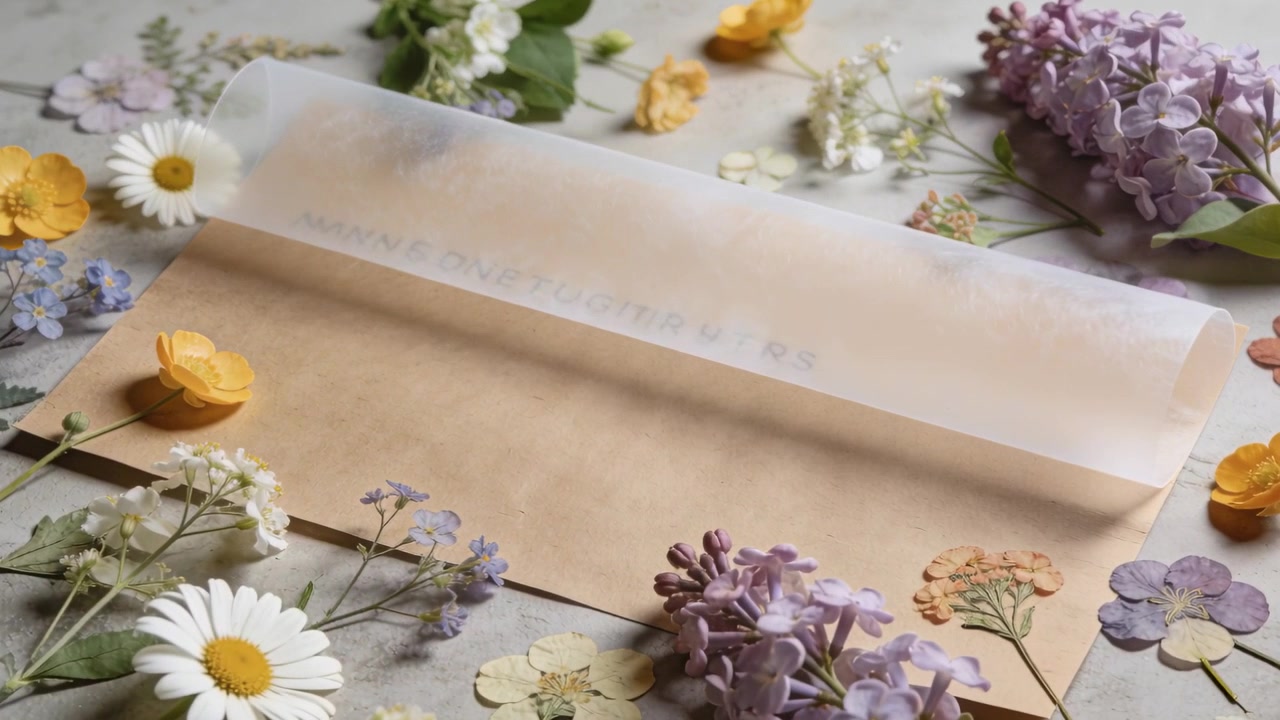 Borde enrollado desenrollando una hoja de vitela que revela texto impreso sobre un sobre de papel kraft en un escritorio con flores