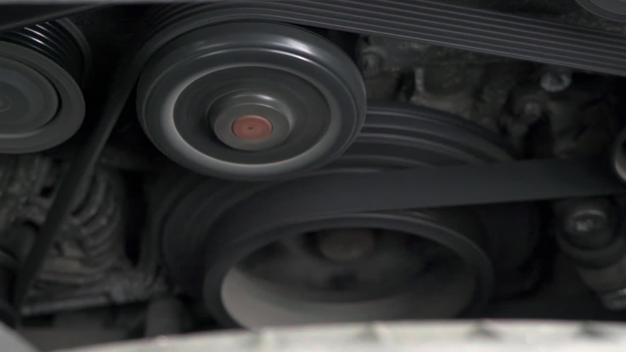 Close up of car belts rotating in the engine bay
