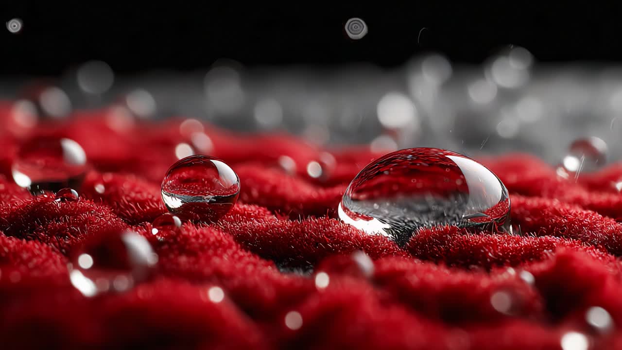 Close-up of Shimmering Water Droplets on a Red Textile Surface Capturing Light and Reflecting Colors in a Stunning Macro Photography Display