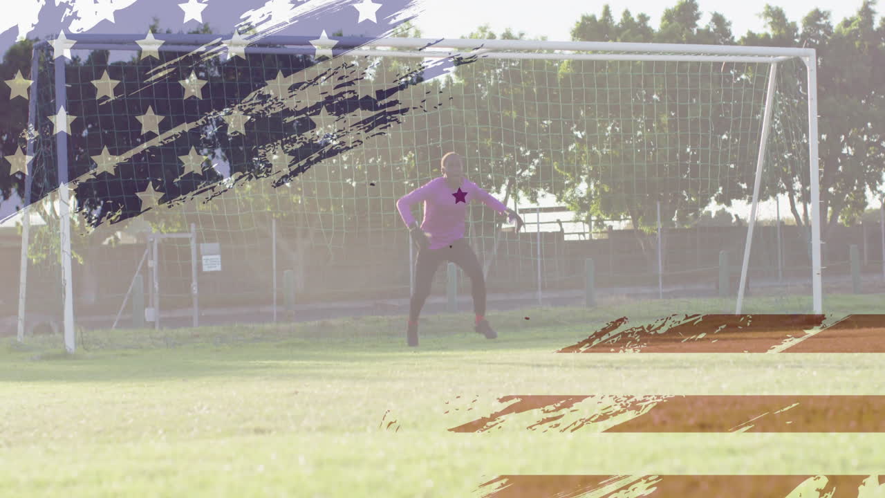Standing in front of soccer goal, goalkeeper in pink jersey with flag animation