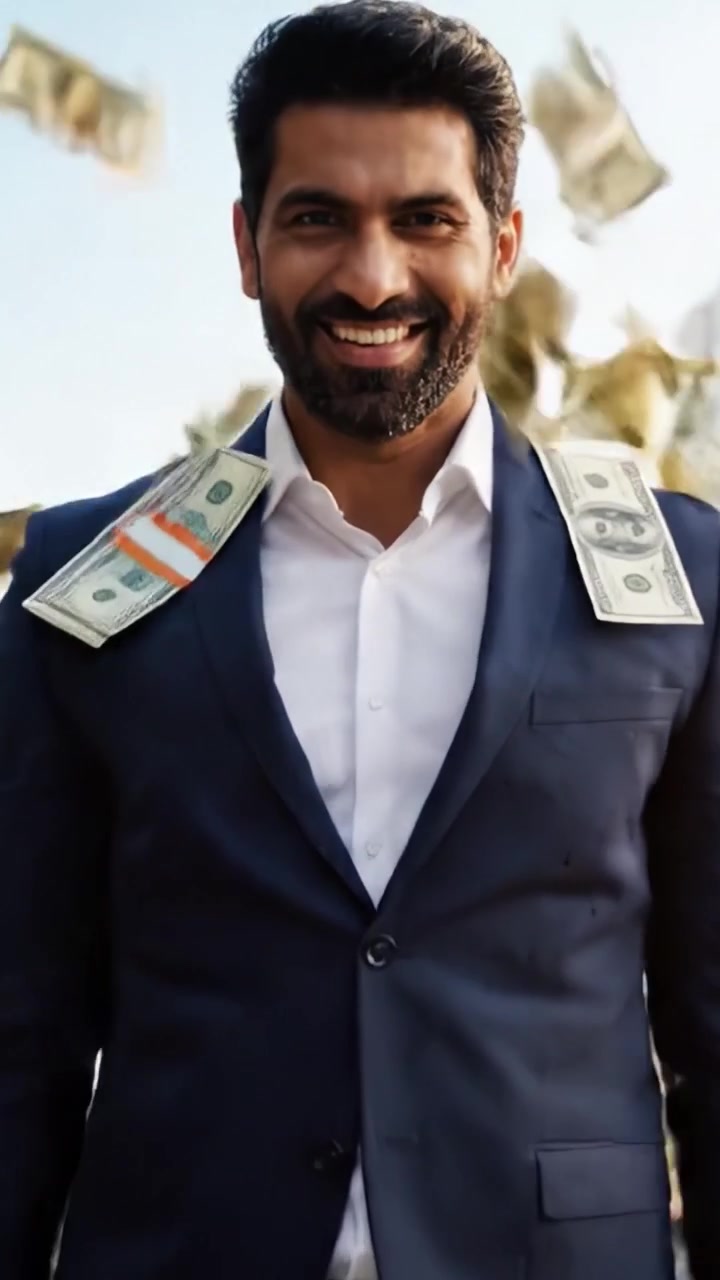 Un uomo d'affari di successo che celebra la prosperità con contanti in mano, mostrando un sorriso fiducioso e una ricchezza abbondante in un luminoso ambiente urbano.