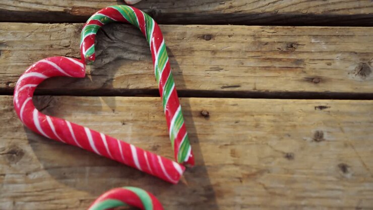 Candy cane with heart shape arranged on wooden table 4k