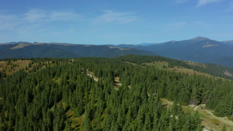 Vista-Aérea-De-Las-Colinas-Del-Bosque-Encantadores-Bosques-Verdes-Contra-El-Paisaje-Azul-Del-Cielo-Matutino