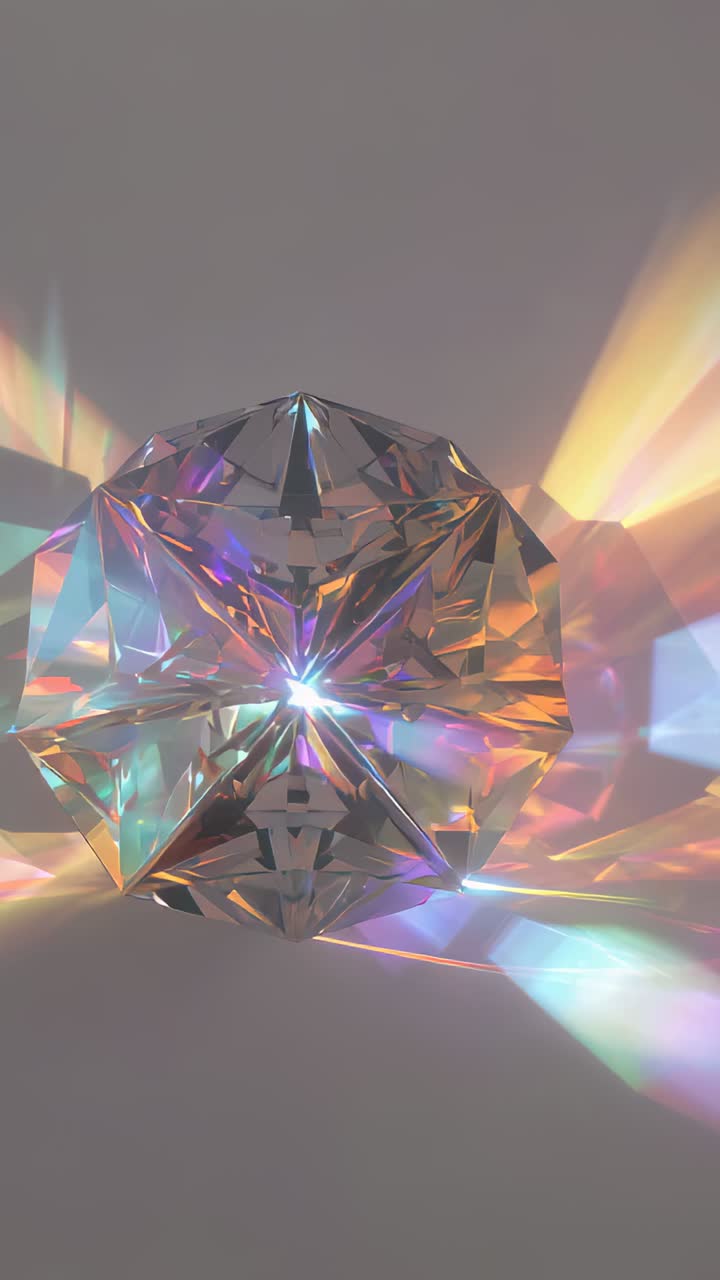 Vertical video: Throwing faceted crystal making shifting color bands on gray wall as lamp hits