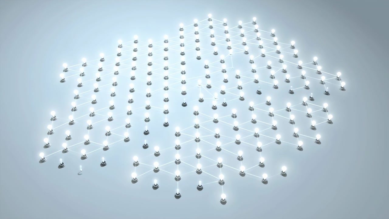 Rows of glowing nodes linked across soft blue gray surface create wide digital network with orderly spacing, cool high-key lighting, bright highlights, subtle shadowing, and calm innovative