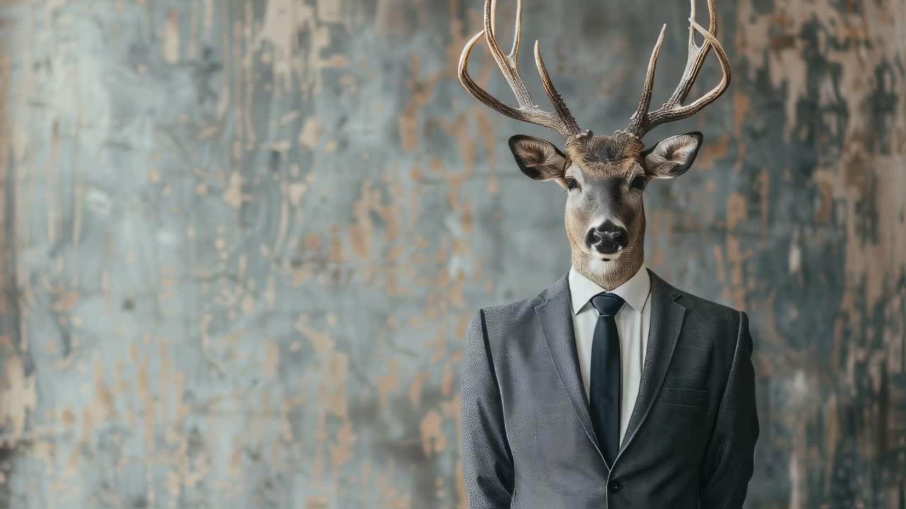 Elegantly posing deer businessman wearing gray suit, standing against grungy wall with professional corporate demeanor, blending wildlife and professional world in surreal artistic portrait