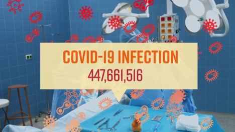 Covid-19-Infektionstext-Mit-Steigenden-Fällen-Und-Covid-19-Zellen-Gegen-Chirurgen,-Die-Operationen-Durchführen