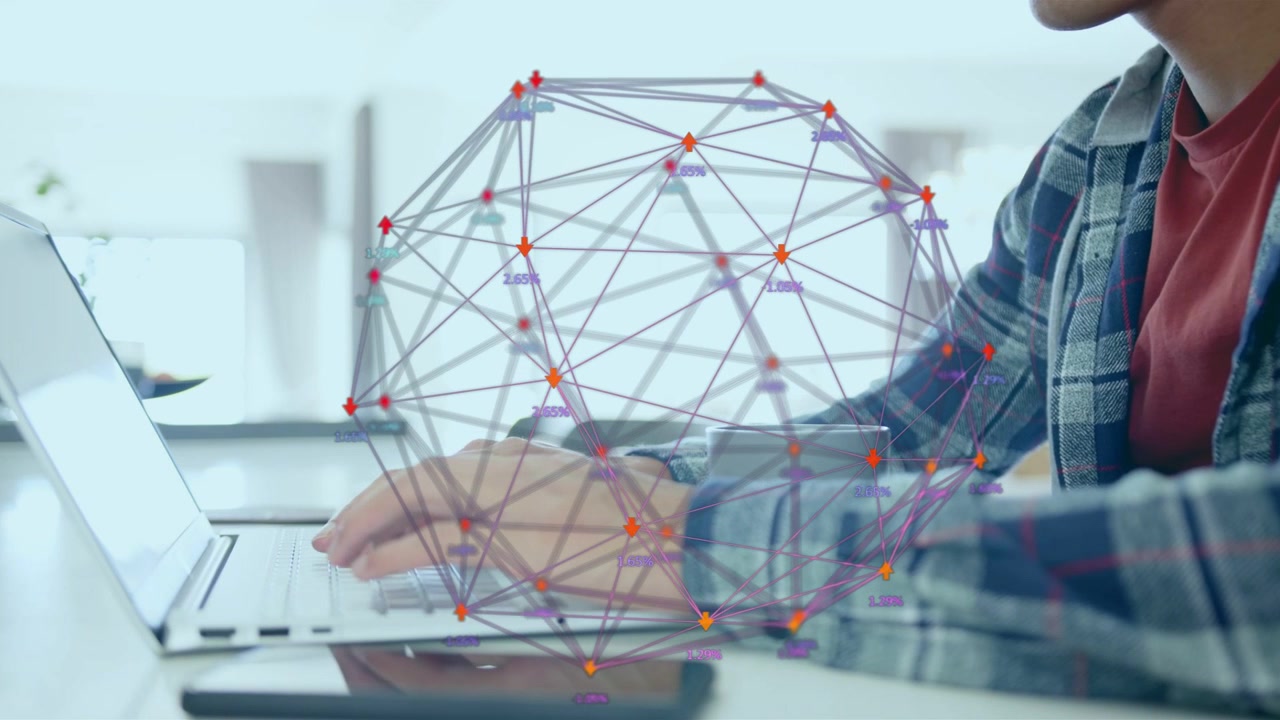 Adult male starting typing, initiating tech network sphere rotating over keyboard, analyzing data