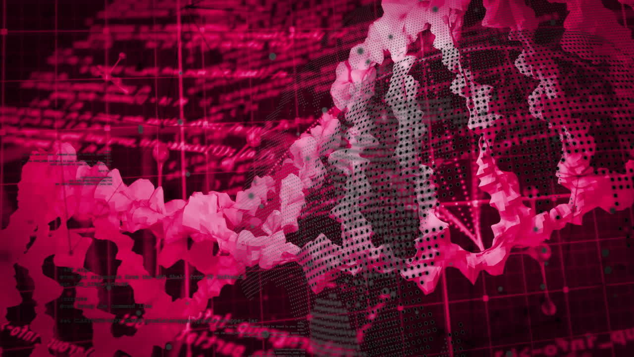 animación de la cadena de adn sobre el globo y procesamiento de datos en fondo negro