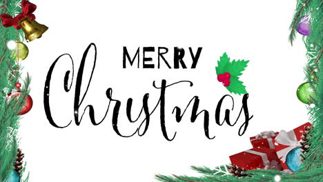 animation of merry christmas text over decorations on white background
