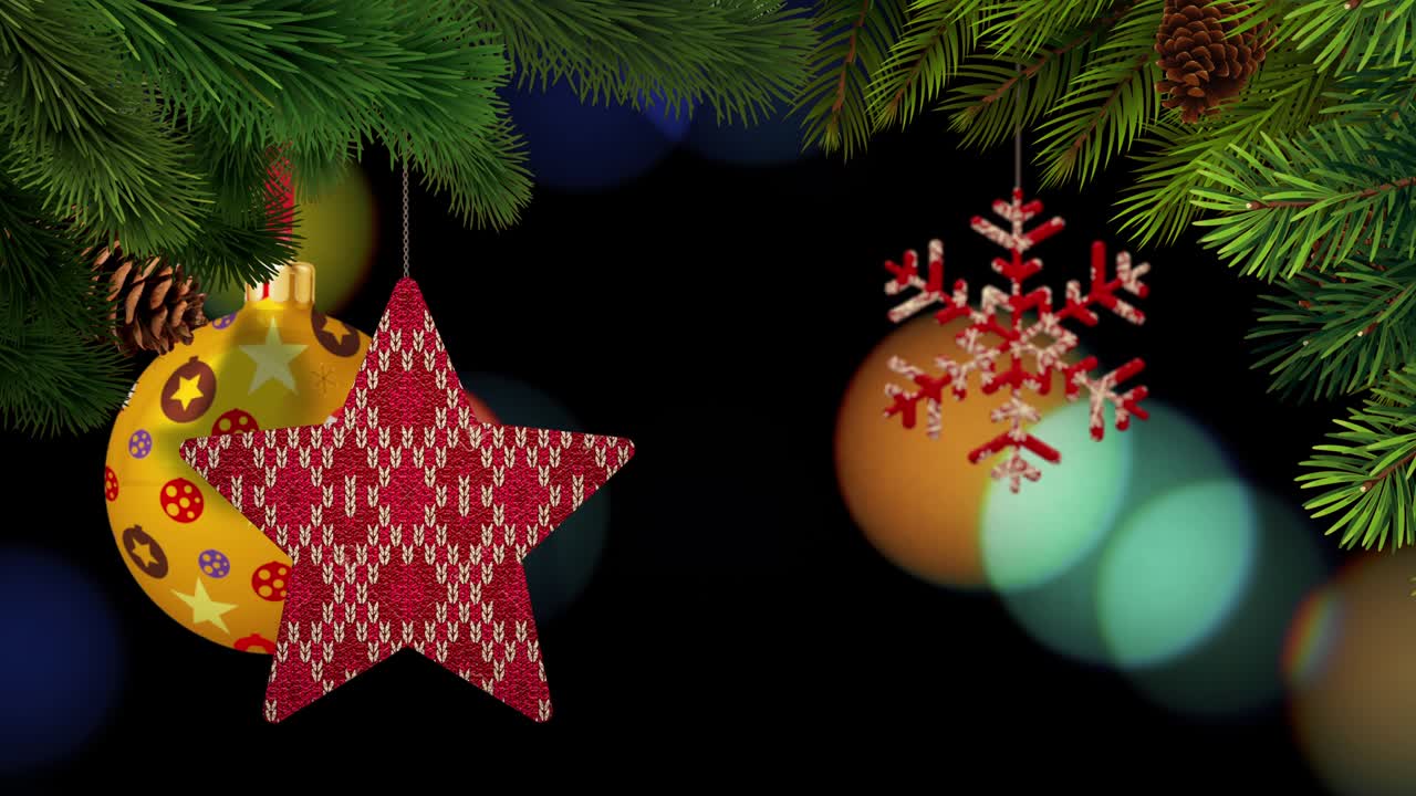 los adornos de navidad y los pinos se balancean en un fondo bokeh en bucle