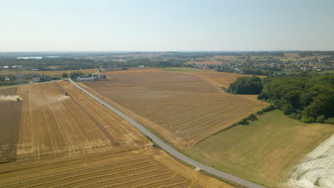 the wonderful wide plantation in kielno poland with farm machine harvesting crops under the bright blue sky - aerial shot