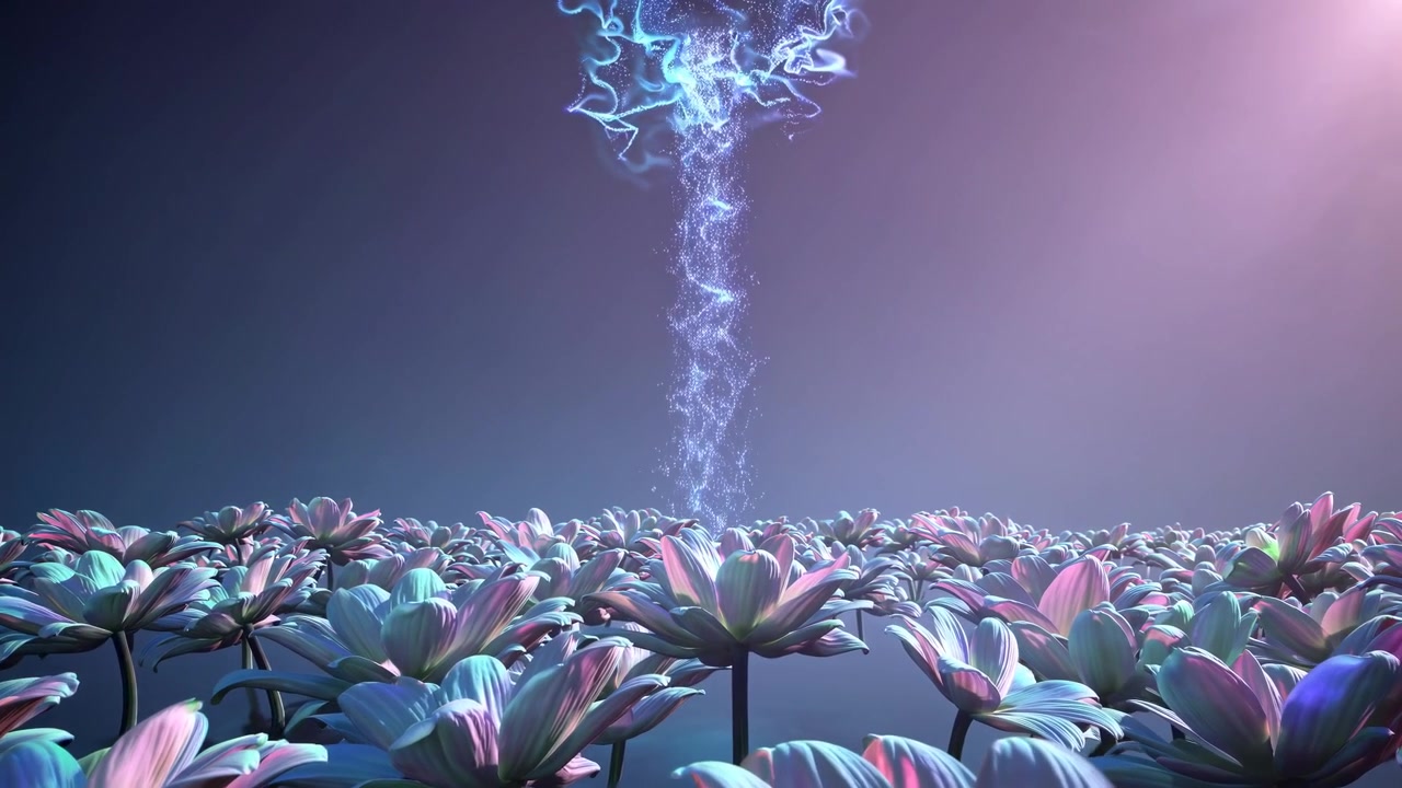 Surreal Field of Glowing Flowers with Magical Energy Beam