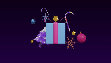 animation of christmas tree and decorations on black background