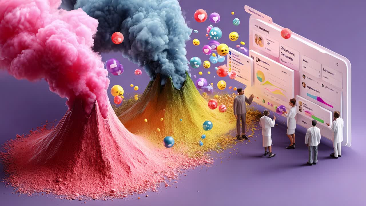 Captivating Visual of Two Volcanoes Erupting Colorful Smoke and Particles Against a Background of Engaging Digital Interface Displaying Social Interactions and Data