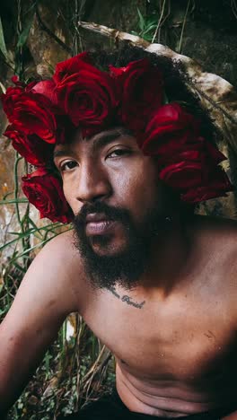 hombre con corona de rosa en la naturaleza