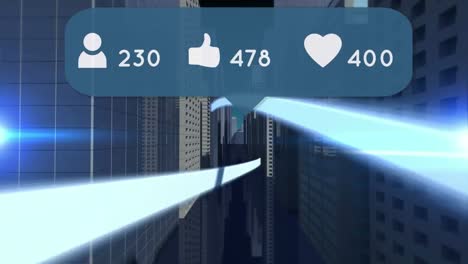 Digital-icons-with-increasing-numbers-against-blue-light-trails-over-3d-city-model