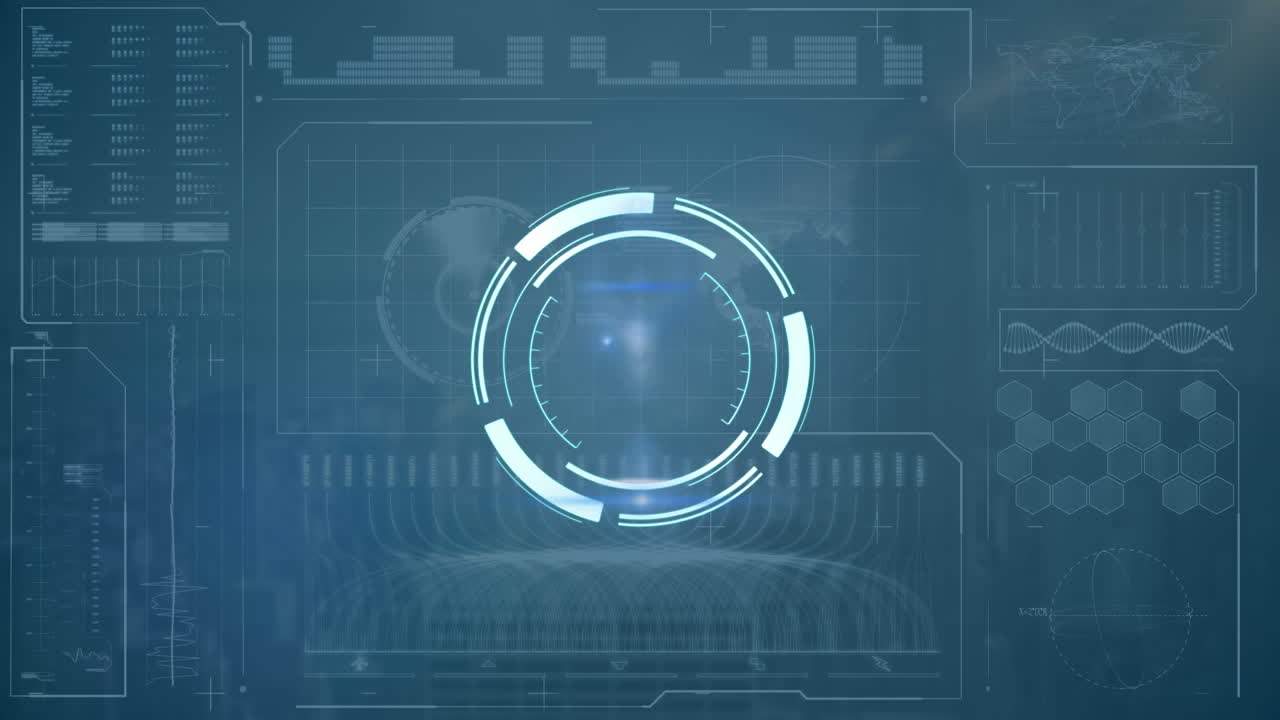 Animation of scope scanning, data and statistics processing over cityscape and screen