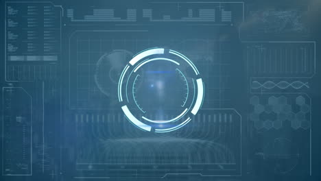 animation of scope scanning, data and statistics processing over cityscape and screen