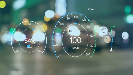 animation of speedometers and vehicles stopped on signal and people crossing street