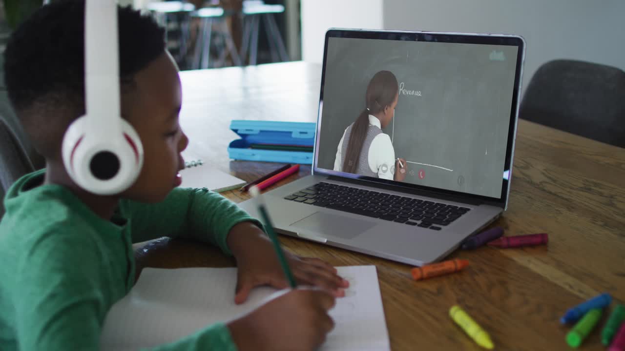 Menino afro-americano sentado à escrivaninha usando notebook tendo aula escolar online