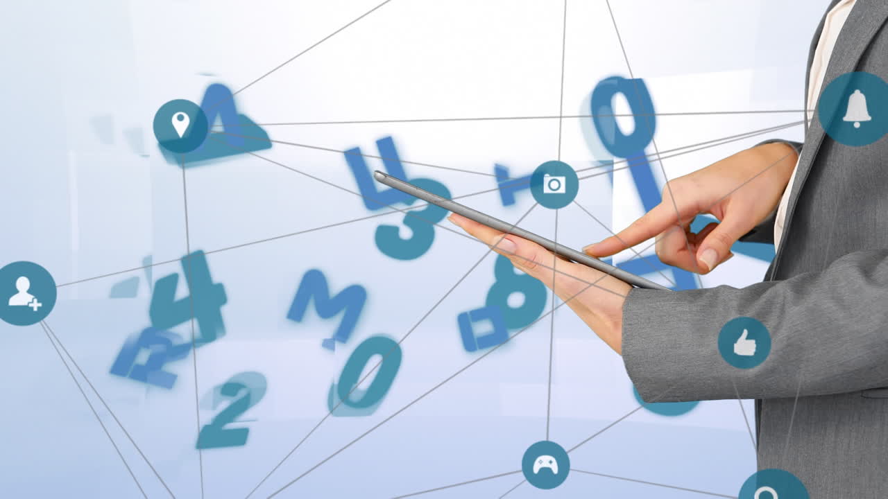 animación de números cambiando sobre las manos de un hombre caucásico usando una tableta