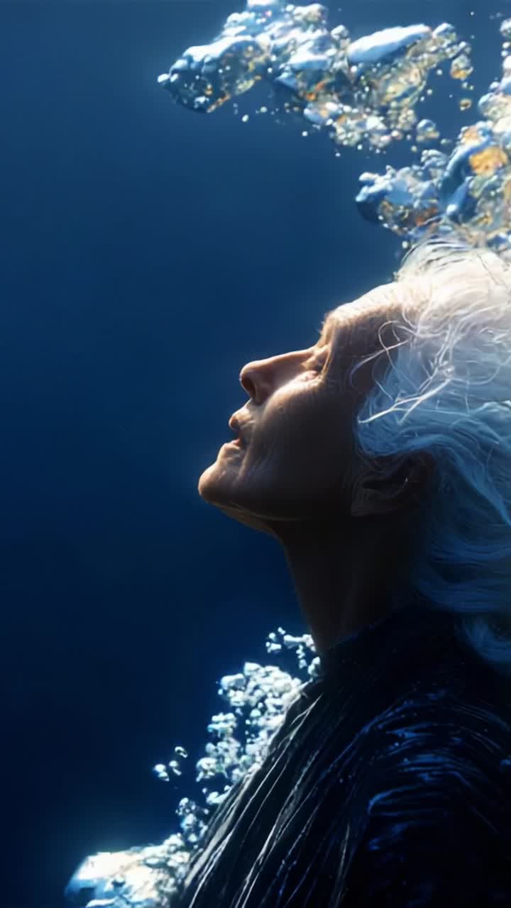 A Serene Moment Beneath the Surface: An Older Woman Emerges from Water Surrounded by Bubbles, Capturing Grace and Tranquility in Underwater Depths