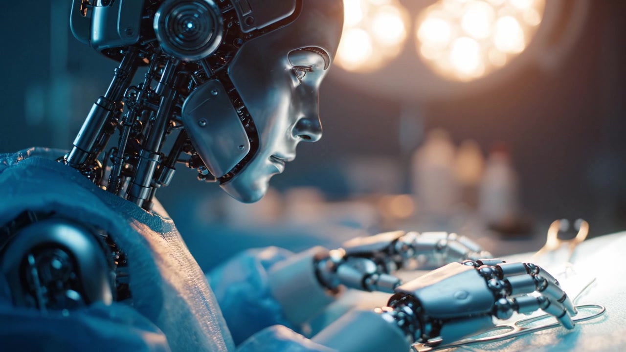 Robot chirurgico avanzato che esegue interventi di precisione con strumenti ad alta tecnologia sotto intense luci operatorie in una sala operatoria dal design futuristico